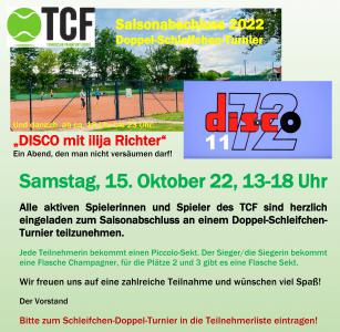Saisonabschluss mit Tennisturnier und "DISCO mit ilija Richter" am Samstag, 15. Oktober
