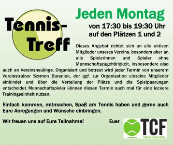 TENNIS-TREFF --> Jeden Montag ab 17:30 Uhr auf Platz 1 und 2! 